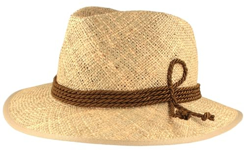Breiter Strohhut Sommerhut Sonnenhut Bogart Trachtenhut mit 4-facher Kordel und Einfass – Hut Besonders leicht & Flexibel Natur S