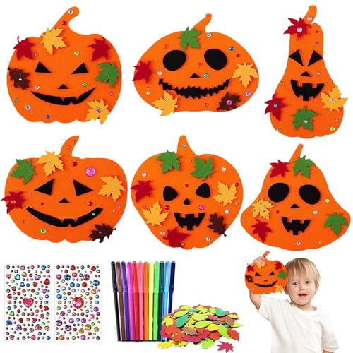 12 Stück DIY Kürbis Bastelset, bastelset herbst kinder, Halloween Kürbis Bastelset, mit 500 Laub Aufkleber, 12 Aquarellstifte und 2 Diamant Aufkleber, für Herbst Thanksgiving Halloween Handwerk