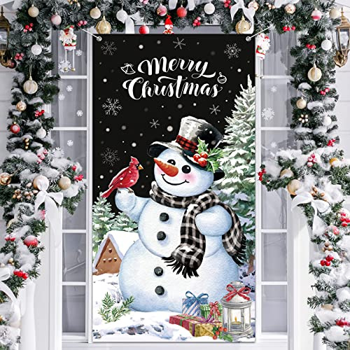 Panelee Schneemann Weihnachten Tür Abdeckung Merry Christmas Türdekorationen Winter Schneemann Hintergrund Banner für Haustür Veranda Weihnachtsparty Dekorationszubehör(Schwarz)