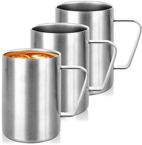 LDXDRU 3 Pack 500ml / 17oz Camping Mugs, Stainless Steel Mugs with Handle, Double Wall Insulated Mugs Coffee Cup Travel Mugs Drinking Mugs for Cold or Hot Drinks Beverages Milk Juice Tea