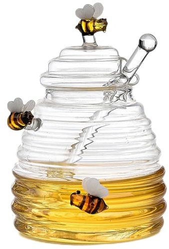 Shurzzesj Glass Honey Jar With Spoon and Lid - 400ml Beehive Pot With Dipper - Farmhouse Kitchen Decor Dispenser Container for Home