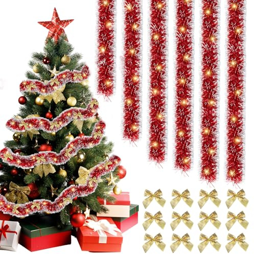 Xbessc 6 Stück 2m Weihnachtsbaum Lametta Rot Girlande mit Schleif | Weihnachtsgirlande Weihnachtsbaumschmuck Girlande Weihnachten Girlande Weihnachten Lametta