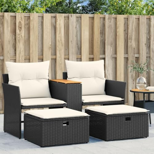 Somanki Gartensofa 2-Sitzer mit Hockern Schwarz Poly Rattan, Gartenlounge, Terrassenmöbel, Balkonmöbel, Terrassen Sofa, Gartenmöbel - 365803