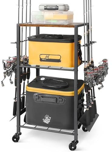 Bikoney Soporte para 8 Cañas de Pescar, Organizador Vertical de Cañas y Accesorios, Estante Portacañas para Garaje, Casa o Esquina, Diseño Compacto para Ahorro de Espacio