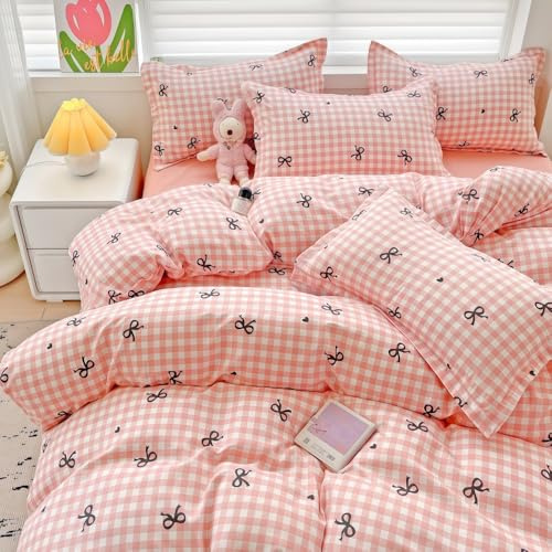 Bettwäsche 135x200 Rosa Kariet Schwarz Herzen Schleifen Mädchen Bettbezug | Herzchen,ÖKO-TEX,Bettwäsche-Sets,Aesthetic,Weich Mikrofaser,Einzelbett,Deckenbezug,Kissenbezug 80x80cm,Reißverschluss,2teilig