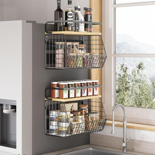 UMDONX 2 delar Fruktkorg Hängande Väggmagnetisk Fruktskål Metall Vegetabilisk Förvaring Frukt Etagere med Trä Topp Frukthylla(Svart)