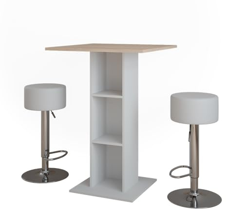Vicco Set de Mesa de Bar Repose, Blanco/Sonoma, 75 x 75 cm con 2 taburetes de Bar