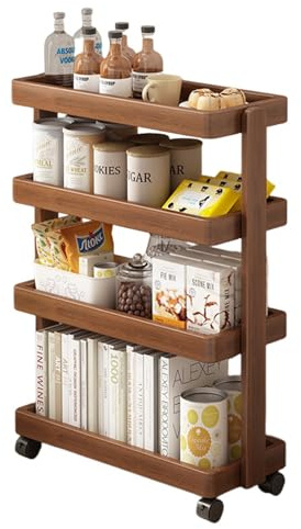 JS Ellie Estantería rodante de 4 Niveles, Moderna estantería de Madera con Ruedas, Carrito de Snacks para salón, Dormitorio, Cocina, Estudio y Espacios pequeños, Color Nogal 24＂