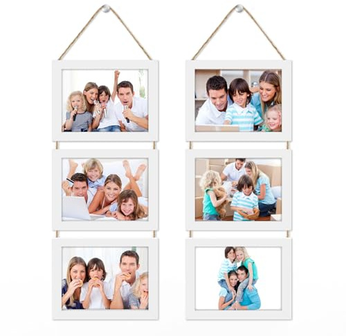 Photo Frames with Twine Multiple Pictures, Kaluofan 2PCS 3 Pictures Hanging Photo Frame, Triple Wood Hanging Picture Frames for Wall Door Hanging in Home, Living Room, Bedroom, Office (13*18CM White)