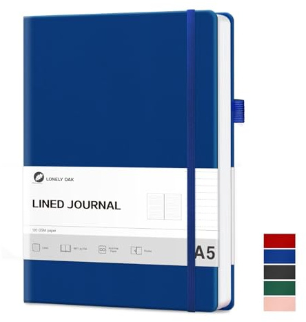 Lonely Oak Notizbuch A5 Liniert Hardcover, 120g/m²Dickes Premium Säurefreies Papier, 160 Seiten Journal mit Gummiband & Innentasche, 14,5 x 21,3 cm(Blau)