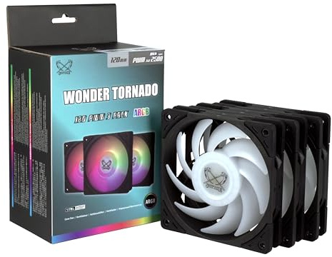 Scythe Wonder Tornado 120mm ARGB Computer case Fan for Gaming and Performance Build,12V 4pin Power, 3pin ARGB Lighting, 25mm Thickness, PBT Material, 2500RPM, 3-Pack
