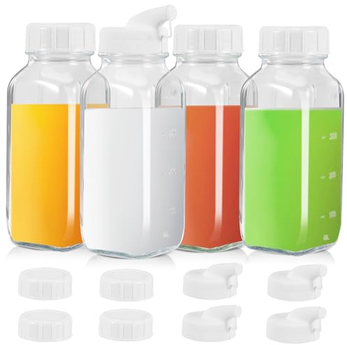 Viitech Set di 4 bottiglie di vetro da riempire, 500 ml, con tappo a vite, bottiglie di succo e ugello in silicone, bottiglie di latte Kombucha in vetro con scala di capacità per succhi di frullati