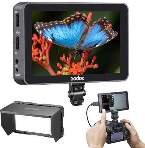 Godox GM6S Pro Kit2 5,5 pulgadas 2000 Nits Pantalla inclinable Ctrl remoto Monitor Cámara 4K HDMI DSLR Kamera Field Monitor 1920*1080 IPS Control Táctil Parabrisas anti-reflejo Funda caucho&Cable HDMI