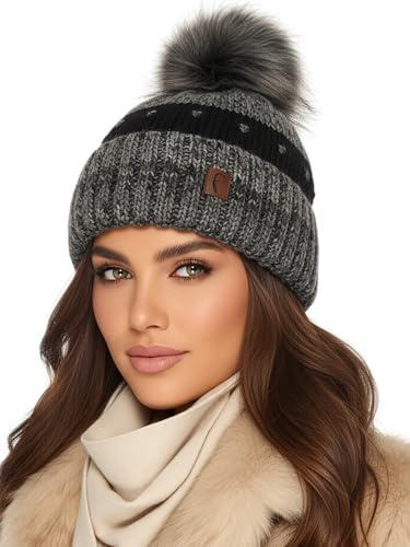 Baesics Bommelmütze Damen Herren - Bunt Wintermütze Kunstfell Bommel warm | Mit flauschigem Pompon und weichem Fleecefutter, Größe ca. 54-58 cm, Strick aus der EU. Warm für Herbst, Winter und als