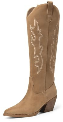 DREAM PAIRS Cowgirl-stövlar kvinnor knähöga cowboystövlar | Spetsig tå tjock blockklack mocka höga västerländska stövlar med broderad