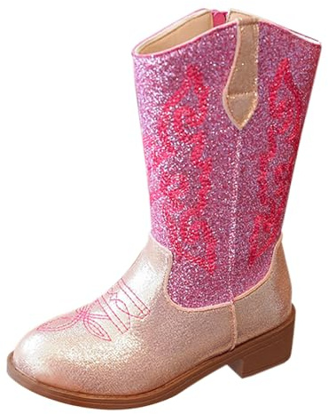 Girls Mid Calf Cowboy Boots,Sparkly Glitter Cowboy Western Mid Calf Boots Little Kids Round Toes Low Heel Zipper Party Birthday Dress Boot Riding Shoes UK 9 Hot Pink Footwear