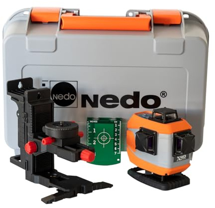Nedo X-Liner 4D green – grüner Multilinien-Laser mit 4 × 360° Laserlinien, motorischer Selbstnivellierung, IP54 – Präziser Linienlaser für Innenausbau & Trockenbau