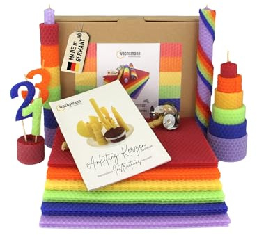 Wachsmann Kerzen Bastelset „Rainbow“, 100% Bienenwachs aus Deutschland – 18 farbige Wachsplatten (20 x 15 cm) mit Hanfdochten – Kerzen selber machen Set für Kinder & Erwachsene, DIY Bienenwachskerzen