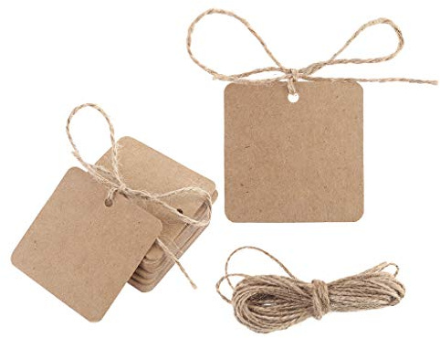 Quadratische Geschenkanhänger aus Papier, Hochzeitsetiketten, Kartenbasteln, mit 10 m natürlichem Bindfaden, Geschenkanhänger, 100 Stück