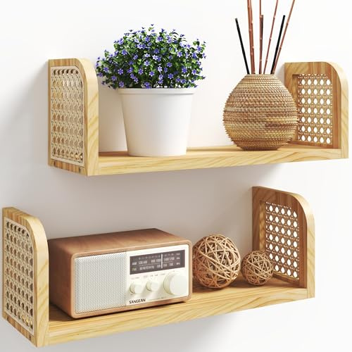 Snugverione 2er Set Rattanregal – Boho Wandregal & Boho Deko, Natürliches Hängeregal für Kinderzimmer, Wohnzimmer & Schlafzimmer, Aufbewahrung für Bücher & Spielzeuge in Natürlicher Holzfarbe