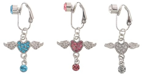TEHAUX 3 Anillos de Ombligo Falsos Diseño de Alas de Ángel y Corazón para Mujeres, sin Perforación, Joyas Versátiles para Uso Diario y Eventos