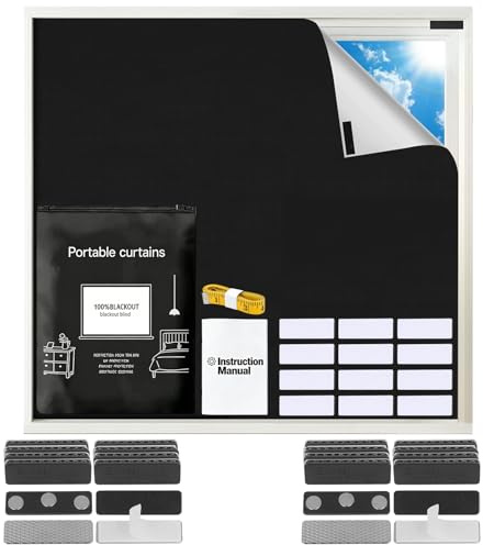 Blackout Blind, Window Shade with 12PCS Magnet and 12PCS Pairs Loop Tapes, No Drill Portable Window Cover, Cuttable Blackout Shades Fabric Sheet for Bedroom,Dorm,Office,Studio(145x200cm)