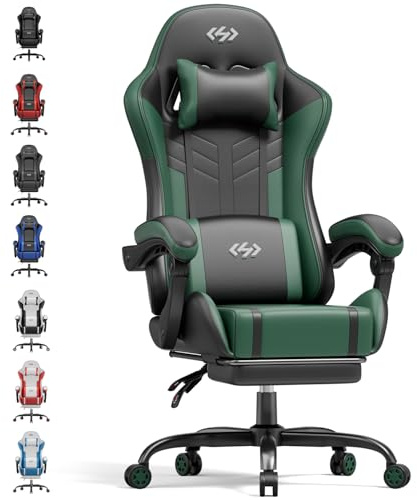HLFURNIEU Sedia Gaming Massaggiante, Sedia Gamer con Poggiapiedi e Cuscino Lombare Massaggiante, Poltrona Gaming Regolabile in altezza, Schienale Regolabile 90°-135°, Portata 150kg (Nero e Verde)