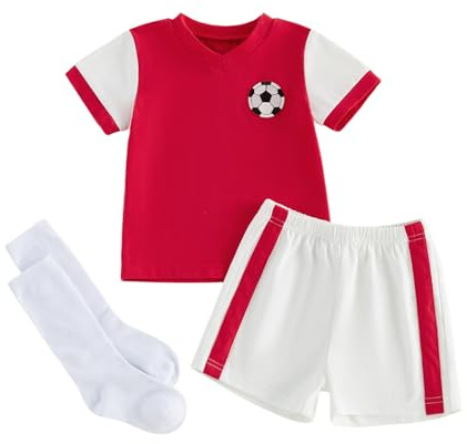 XIXIMAON Baby Boy Football Jerseys Toddler Shirts Shorts Set with Stockings | Soccer Embroidery Short Sleeve T Shirt Tops Contrast Color Shorts Kids England Football Kit Boys Summer Outfits 1-5 Years