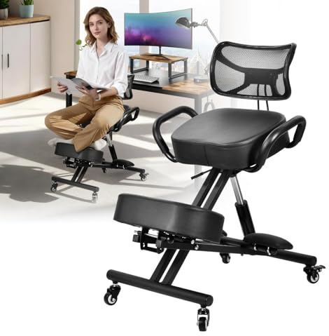 Generisch Ergonomischer Kniestuhl mit Pedalen Höhenverstellbar 82–92 cm kniender Bürostuhl mit Rückenlehne & Armlehnen 100 kg Tragkraft 4 Rollen(2 feststellbar) für Büro Meditation Kosmetik