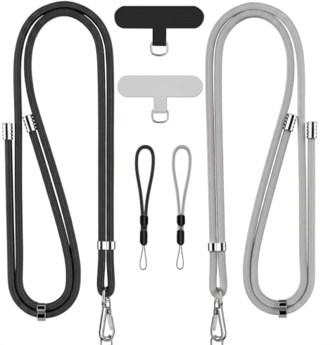 JRILUO 2 Sets Cordino per Cellulare Universale, Laccio per Cellulare con Tracolla Lunga, Laccetto da Polso e Patch, Cordino Tracolla per Telefono Regolabile, Adatto per Smartphone, Nero e Grigio