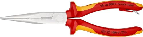 Knipex Pinza per Meccanica, con Becchi Mezzotondi con Tronchese (Pinza A Becchi Di Cicogna) Cromata, Isolante, Collaudati Vde; Incorporato per Agganciare Protezione Anticaduta 200 Mm, 26 16 200 T Bk