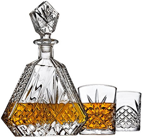 Lefonte Whiskey Decanter Set with 2 Old Fashioned Whisky Glasses for Liquor Scotch Bourbon or Wine - Irish Cut Triangular Clear
