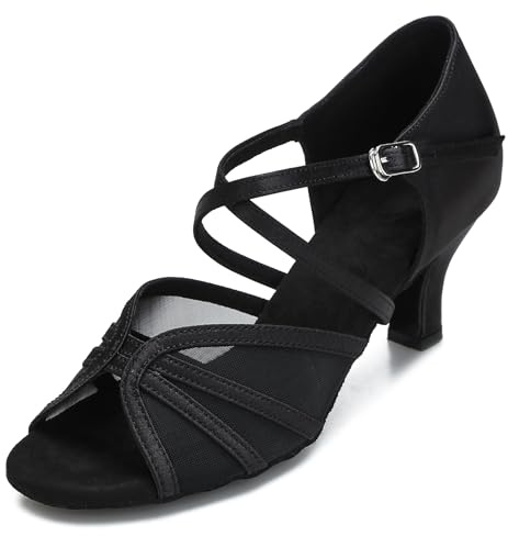 CLEECLI Women's Ballroom Dance Shoes Latin Salsa Dancing Shoes Cross Strap 2.5inch 3inch Heel ZB04(9,Black-2.5 Inch Heel)