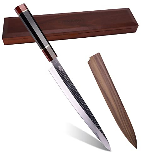 FINDKING Prestige Series Yanagiba Knife, 10.5 Inch Japanese SKD11 Damascus Sashimi Sushi Knife, Single Bevel Blade with Walnut Saya, Ebony Octagonal Handle & Wooden Gift Box