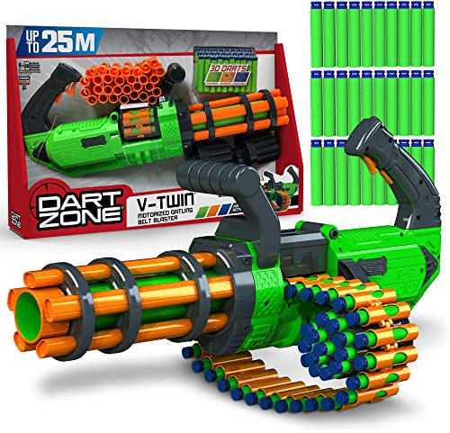 Dart Zone V-Twin Motorisierter Minigun Dart Blaster – Hochleistungs-Schaumstoffpistole für Kinder ab 8 Jahren – Vollautomatisch – Schießt 3 Patronen/sec bis 25m weit – Kompatibel mit Nerf Pfeile