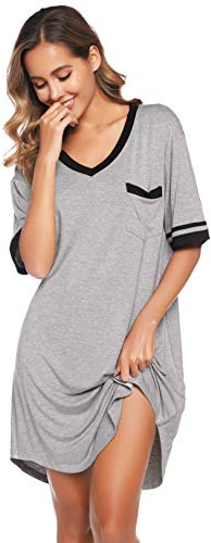 Vlazom Sovskjorta för kvinnor, v-ringad, oversized, elegant, kortärmad, pojkvänsmodell, myskläder, Grå