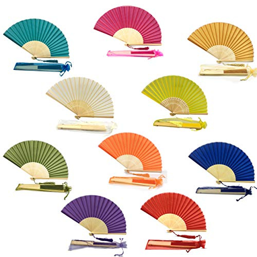 FANSOF.Fans Packung mit 10 Seide Stoff Fan mit Einer Quaste Grade A Bambus Rippen Hochzeit Party Gefallen Handheld Fan (mischfarbe)