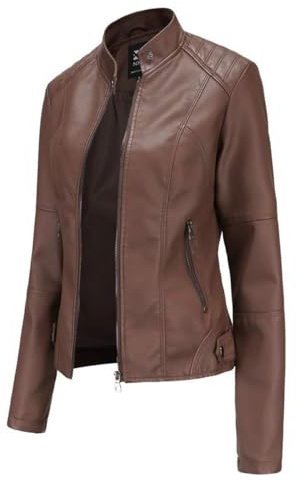 Hiseng Veste Simili Cuir Femme Couleur Café PU Manteau de Moto Court Décontracté Manche Longue Chic Élégant Printemps Automne Hiver Zipper