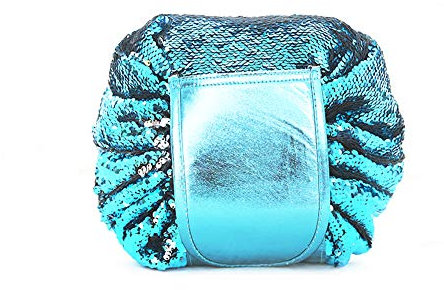 XIZONLIN Damen Kosmetikbeutel mit Kordelzug, Blaue Pailletten Kosmetiktasche Make Up Tasche Schminktasche für Reise & zu Hause Lazy Make Up Bag