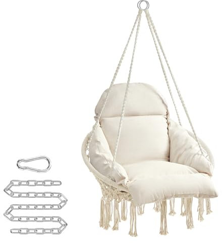 SONGMICS Hängesessel, Hängeschaukel, Hängestuhl, Dickes Kissen, skandinavischer Stil, für Wohnzimmer, Terrasse, Garten, Balkon, bis 120 kg belastbar, Zubehör inklusive, cremeweiß GDC042M01