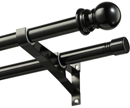 Heavy Duty 1 Inch Black Double Curtain Rod, Splicing Adjustable Design for Windows 66 to 120 Inches, with Snap-On Brackets & Decorative Finials for Sliding Doors & Living Room