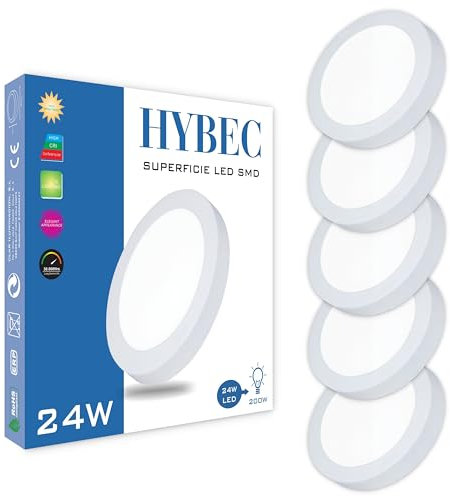 CLAR HYBEC - Downlight Techo Superficie 24W, Focos Interior, Plafón LED, Blanco Neutro 4000Kº (Pack 5)