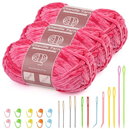3X100g(3 X 80 m) Chenille Wolle, Wolle Zum Häkeln Stricken (Rosenrot) | Chenille Samt Garn mit Nadeln großem Öhr zum Stricken und Häkeln, Kleidung, Decken, Taschen, Pullover, DIY-Strickprojekte