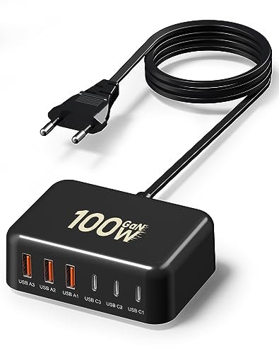 Caricatore USB C, adattatore di alimentazione a 6 porte GaN da 100W con stazione di ricarica multipla USB-C 3.0 e USB-A 3.0 compatibile con iPhone/Samsung/Google/Xiaomi/Tablet e altri dispositivi USB