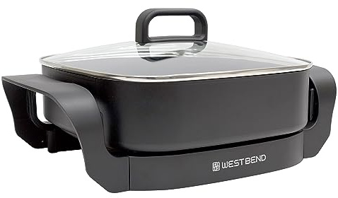 West Bend Electric Skillet, Family-Sized 3-Inch Deep Fry Pan with Diamond Shield Scratch-Resistant Non-Stick Finish Grease Channel and Tilt Leg, 12-Inch, Black