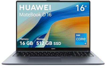 HUAWEI MateBook D16 Laptop, Pantalla FullView de 16 Pulgadas, Procesador Intel Core i5, 16GB de RAM, 512GB SSD, Windows 11 Home, Cuerpo Ligero de 1,68 kg, Space Gray, Versión Español