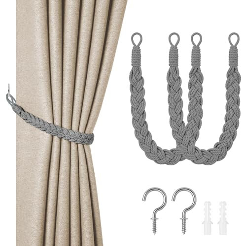 HOTUT Fermatende per Tenda, 2 Pezzi Fermatende Corda Fermatenda Tenda in Cotone Naturale, Corda per Tende con Fermatenda Fatti a Mano, Cordini per Tenda Trasparenti e Oscuranti in Corda di Cotone