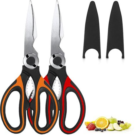 JANGIIKitchen Scissors Sharp Heavy Duty Kitchen Scissors Stainless Steel Multipurpose Utility Scissor Kitchen Shears for Chicken Meat Scissors UK Dishwasher Safe (2X Red/Black+Orange/Black)