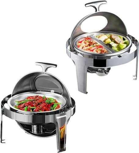 Chafing Dish Buffet Set Round Dining Warm Server Roll Top Hot Pot Buffet Set Five-Piece Set with Water and Food Dish Alcohol Stove Holder for Part/Birthdays,Four