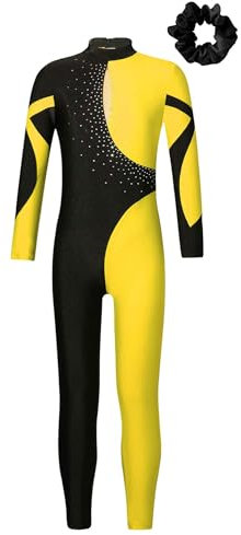 Kaerm Turnanzug Mädchen Langarm Ganzkörper Tanzanzug Strass Glitzer Ballettanzug Farbblock Patchwork Sportbody Mit Haarband Gymnastik Turn Outfit Gelb Schwarz 122-128